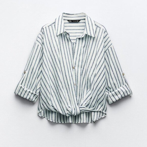 Zara Striped Linen Blend Knotted Twist Front Button Front Shirt Size S White - Picture 3 of 16